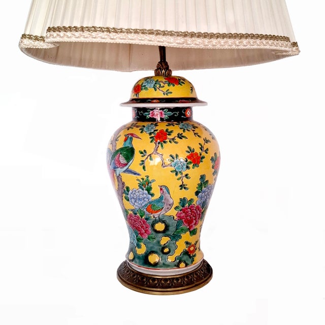Chinese Ceramic Table Lamp with Flowers and Bird Motifs