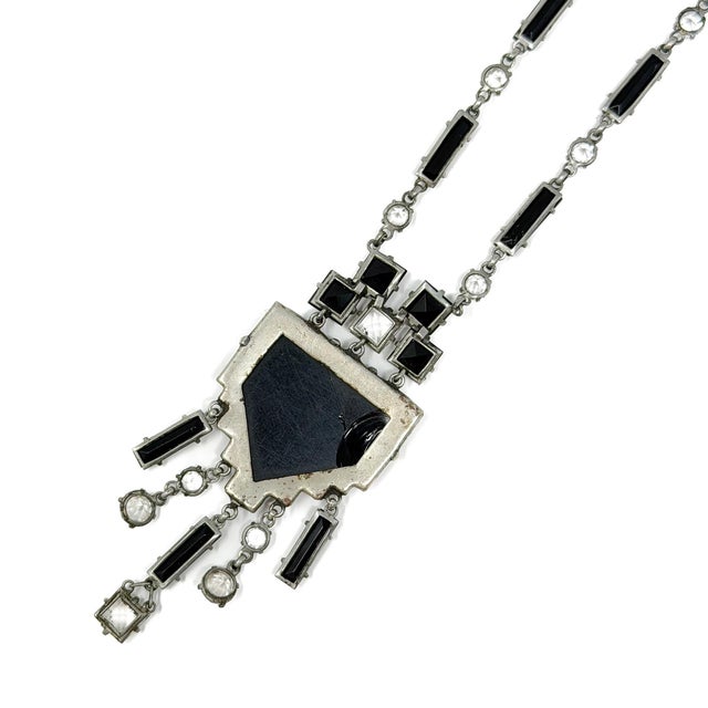 Czechoslovakian Art Deco Black Glass and Crystal Geometric Pendant Necklace, 1920s For Sale - Image 10 of 11