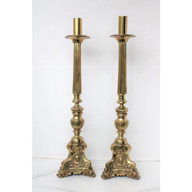 Metal Baroque Style Empire Altar Brass Candlesticks S/2 For Sale - Image 7 of 7