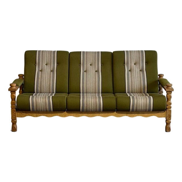 Vintage Danish Oak Sofa in Style of Henning Kjærnulf Green Striped Upholstery Mid Century For Sale