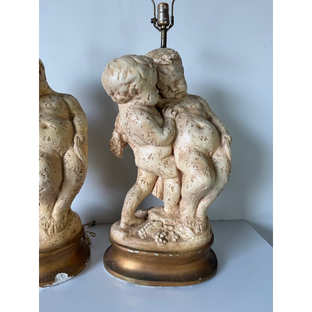 Pair of Vintage French Cherub – Baroque Revival Putti Sculptures on Gilt Bases Table Lamps For Sale - Image 4 of 12