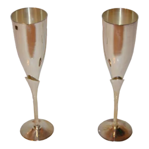 1960s Art Deco Silver Plate on Copper Minimalist Goblets- a Pair