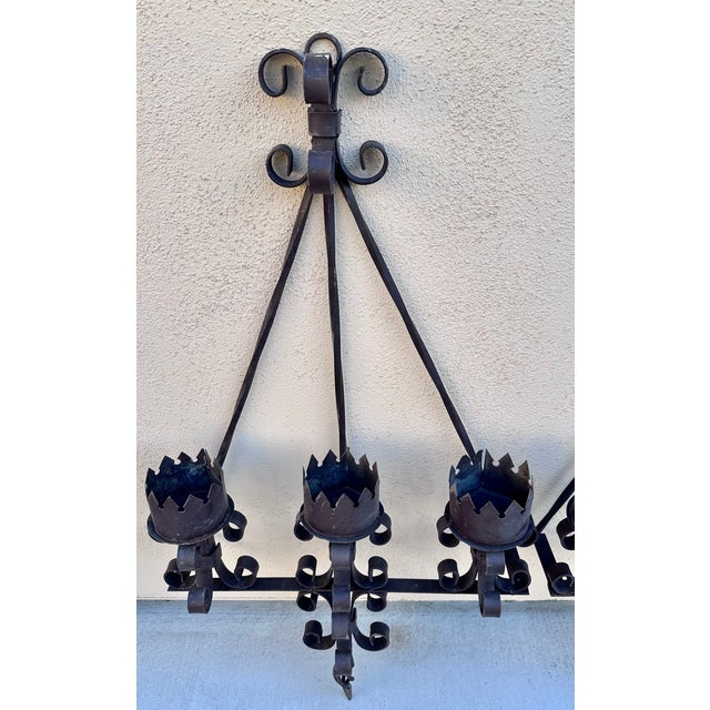 Black Early 20th Century Hand Forged Wrought Iron Medieval Large Candelabra Spanish Revival Sconce Set For Sale - Image 8 of 9