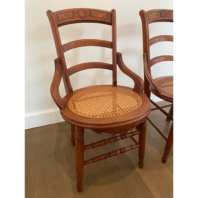 Late 19th Century Pair of Late Victorian Early Edwardian Cane Seat Chairs With Carved Tulip Motif For Sale - Image 5 of 17