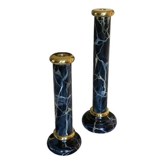 Karl Springer Style Large Faux Marble Painted Wood Candle Sticks With Brass Trim - Set of 2 For Sale