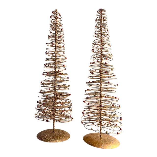 Vintage Gold Wire Beaded Christmas Trees – Set of 2 (20” Each) For Sale