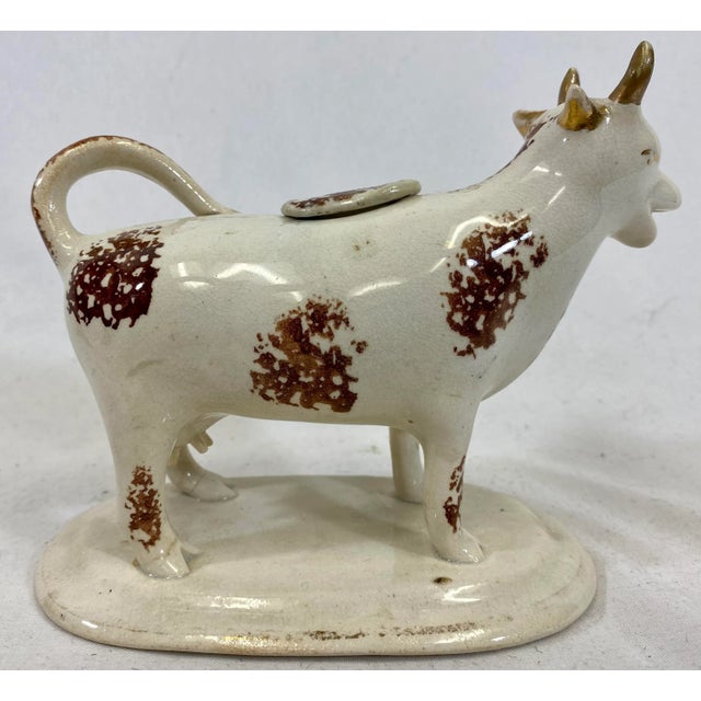 Staffordshire Antique Sponge-Ware Staffordshire Cow Creamer Figurine in Ivory Color Made in England - Circa 1860’s For Sale - Image 4 of 10
