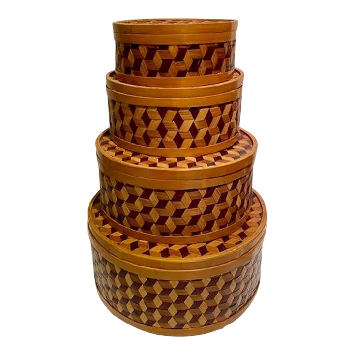 Late 20th Century Vintage Handmade Bamboo Lidded Nesting Containers ...