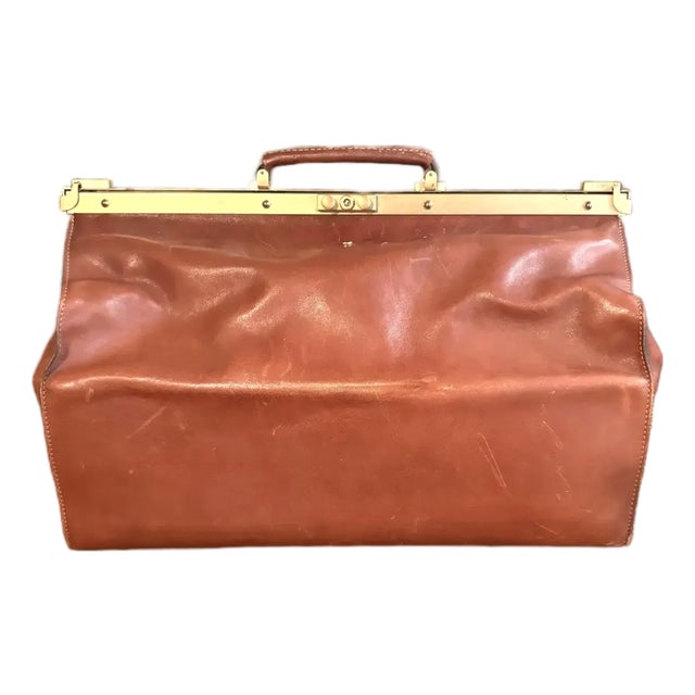 Vintage Leather Weekender Doctor's Style Bag With Brass Frame - Made Exclusively for Mercedes Benz For Sale