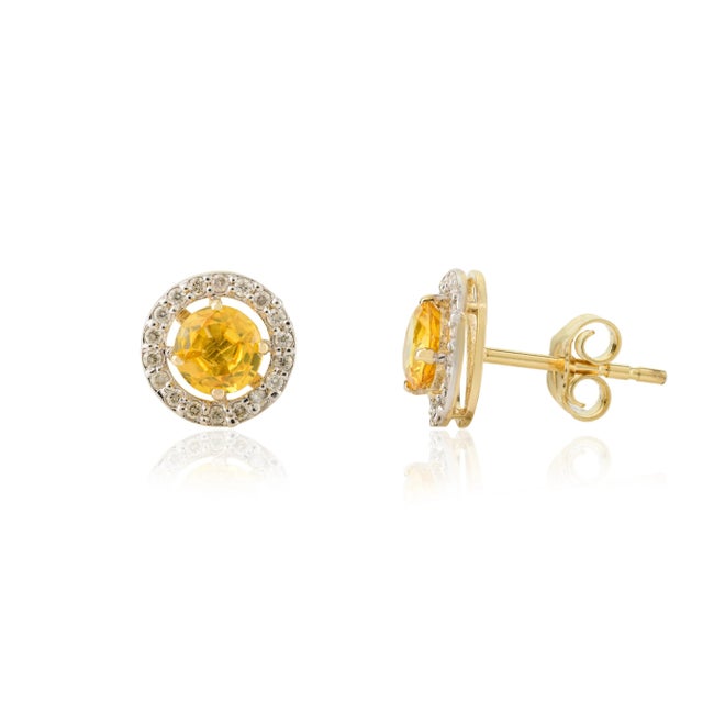 Modern 14k Gold Round Statement 1 Carat Yellow Sapphire Diamond Stud Earrings- A Pair For Sale - Image 3 of 11