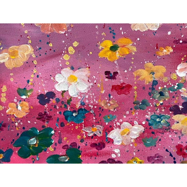 Multi Coloured Wild Flowers on Turquoise Pink Background by Contemporary Artist, 2023 For Sale - Image 11 of 12