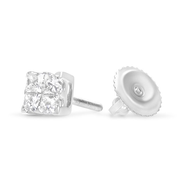 Early 21st Century .925 Sterling Silver 5/8 Cttw Princess Cut Diamond Invisible Set Quad Composite Stud Earrings, A Pair For Sale - Image 5 of 6