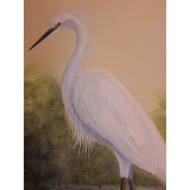 Hollywood Regency 1976 Coastal White Egret Oil Painting – Framed Accent Piece For Sale - Image 3 of 6