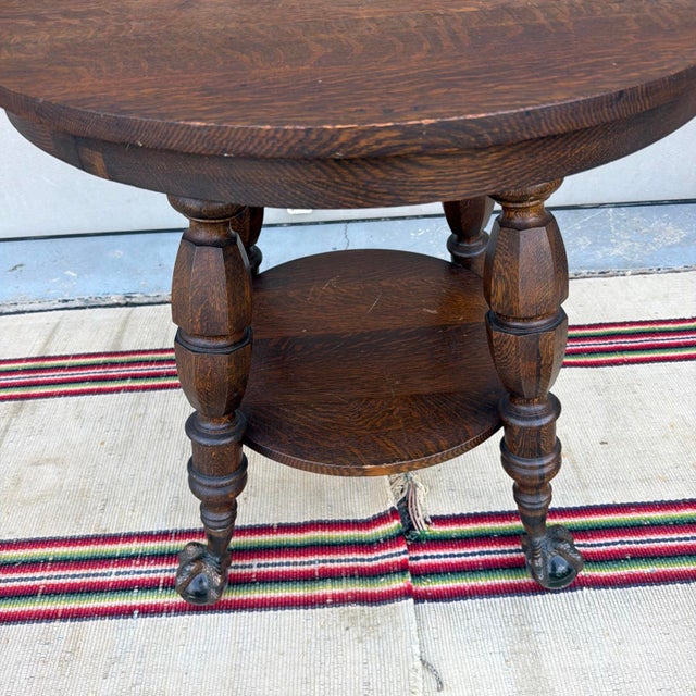 Victorian Antique Quartersawn Oak Round Tabouret Table With Glass Ball & Claw Feet For Sale - Image 3 of 18