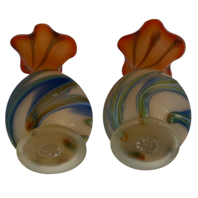 Zareh Orange Art Glass Fazzoletto Vase With Green Blue Swirl For Sale - Image 18 of 18
