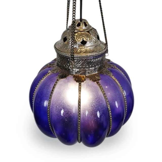 Vintage style India glass pumpkin lantern. Traditional Rajasthani style colorful hanging lantern with nickel accents and...