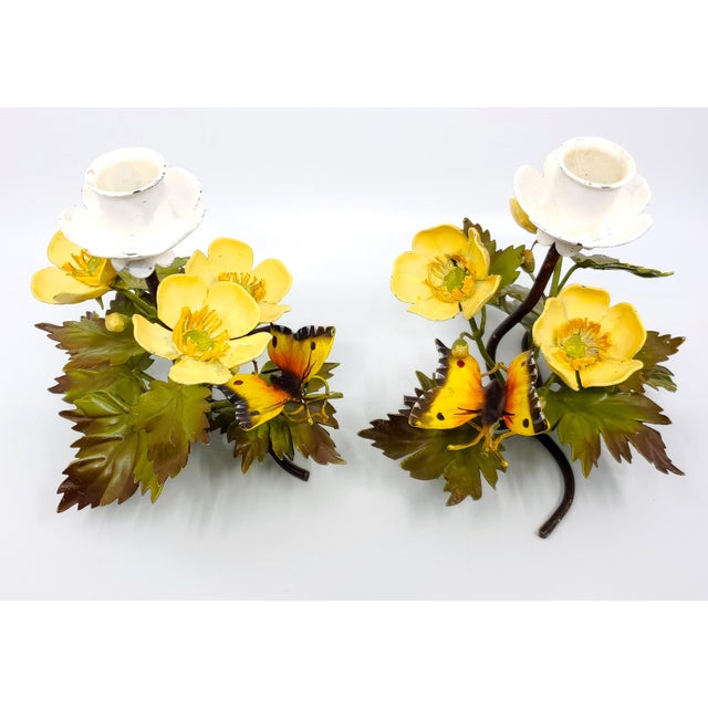 Yellow Candlesticks Tole Painted Metal Butterflies & Flowers 1960s Italy For Sale - Image 8 of 12