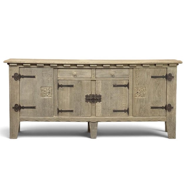 Mid-Century Modern Dutch Neo-Gothic Stripped Oak Buffet With Hand-Forged Ironwork For Sale - Image 3 of 18