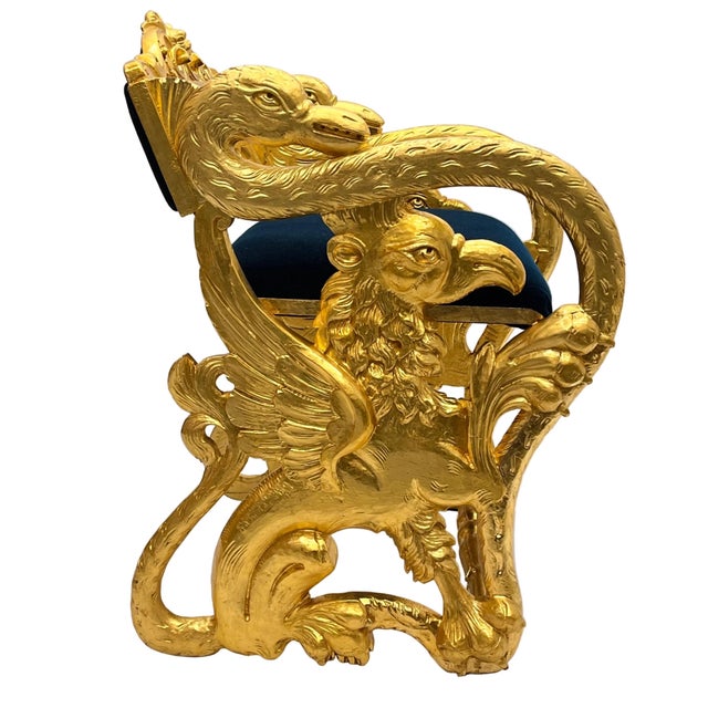 Blue Antique Federal Style Carved Swan and Eagle Carousel Chair Newly Reupholstered For Sale - Image 8 of 8
