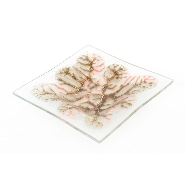 1950s Vintage Signed Higgins Fused Glass Square Tree Branches Bowl Brown, Coral, Gold MCM For Sale - Image 5 of 10