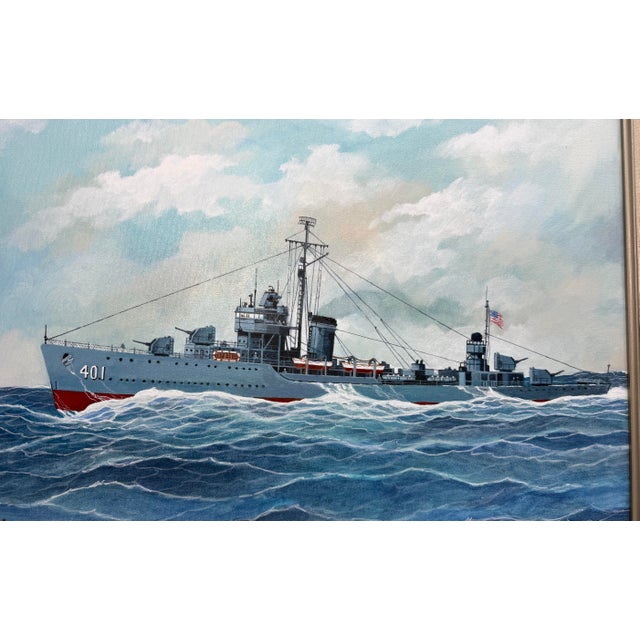 Realism Vintage Original A. Sundal u.s. Navy Battle Ship Boat Seascape Oil Painting 93 For Sale - Image 3 of 9