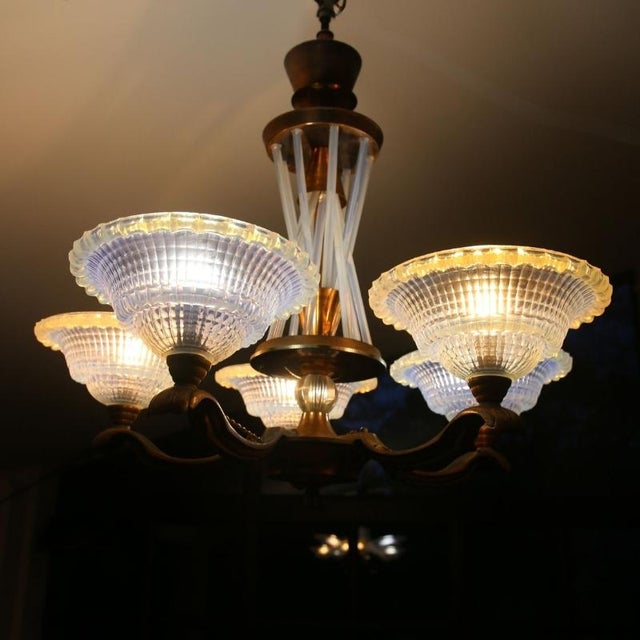 French Art Deco Chandelier in Opalescent Glass and Copper by Ezan-Petitot, 1930s For Sale - Image 16 of 18