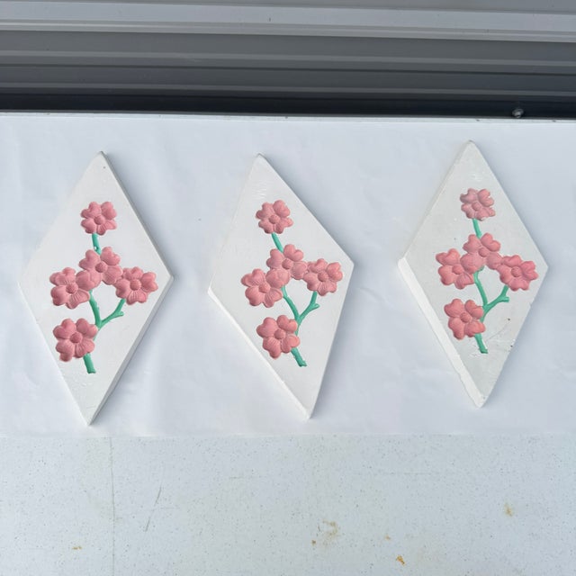 Mid 20th Century Mid 20th Century Cherry Blossom Chalkware Wall Plaques- Set of 3 For Sale - Image 5 of 12