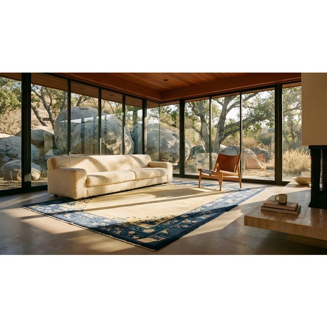 1920s Beige Minimalist Open Field Antique Chinese Peking Carpet 8' X 9'6'' Knotted Wool Rug For Sale - Image 10 of 12