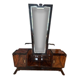 Art Deco Floor Vanity with Drawers and Tall Mirror, 1930s For Sale