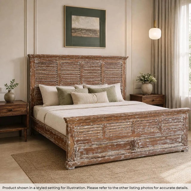 Dimensions: 82" W x 81" D x 60" H This king bed has been crafted using reclaimed wood with distressed white patina. The...