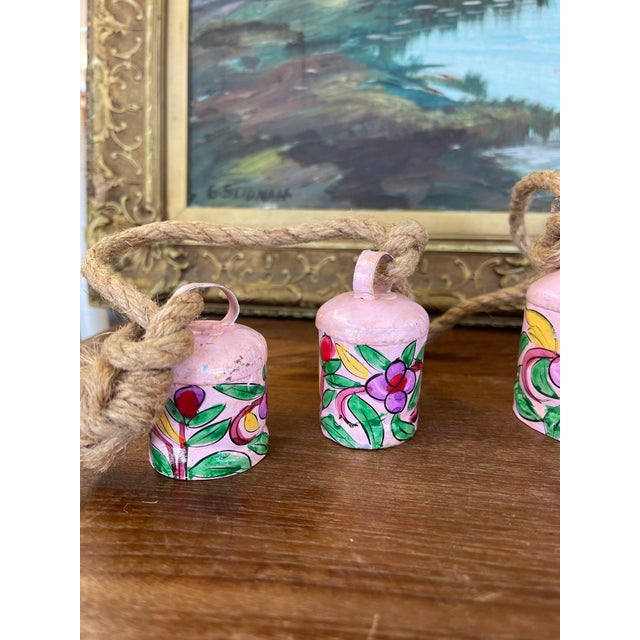 1970s Hand-Painted Pink Metal Bell Garland With Floral Motif, Set of 6 Decorative Hanging Bells. For Sale In Seattle - Image 6 of 10