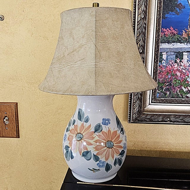 Contemporary Hand‑Painted Floral Ceramic Lamps W/ Faux Leather Shades – Pair For Sale - Image 16 of 18