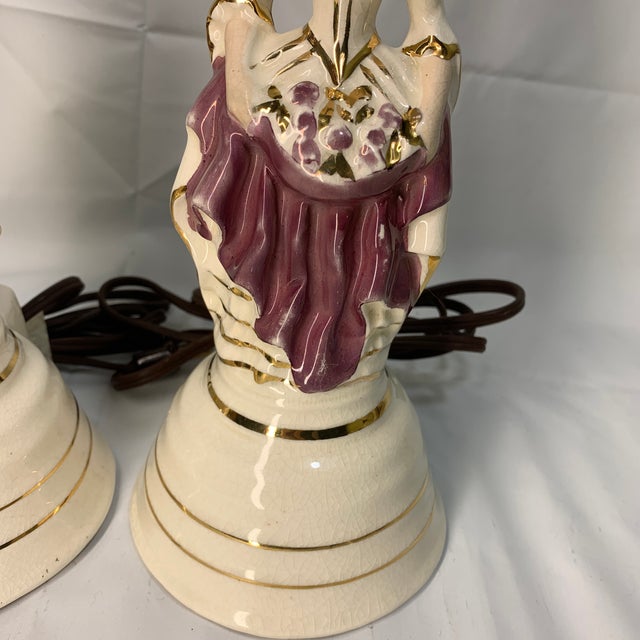 1950s Vintage Porcelain "Colonial Couple" or "Victorian Courting Couple" Boudoir Vanity Lamps - a Pair For Sale - Image 5 of 8