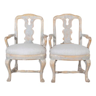 Pair of Swedish Rococo Carved Armchairs with Original Patina For Sale
