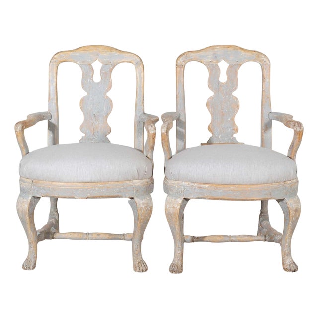Pair of Swedish Rococo Carved Armchairs with Original Patina For Sale
