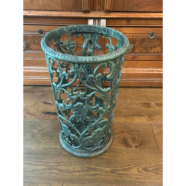 Mid 20th Century Vintage Wrought Iron Umbrella Stand in Plantation Green For Sale - Image 5 of 6