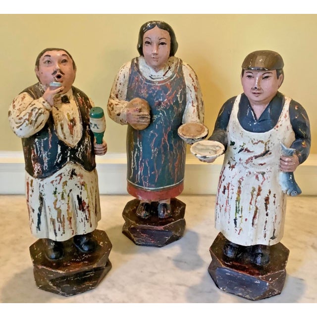 French VTG Large French Street Vendor Statues, Wood & Plaster, 16-18" High, Unique! For Sale - Image 3 of 8