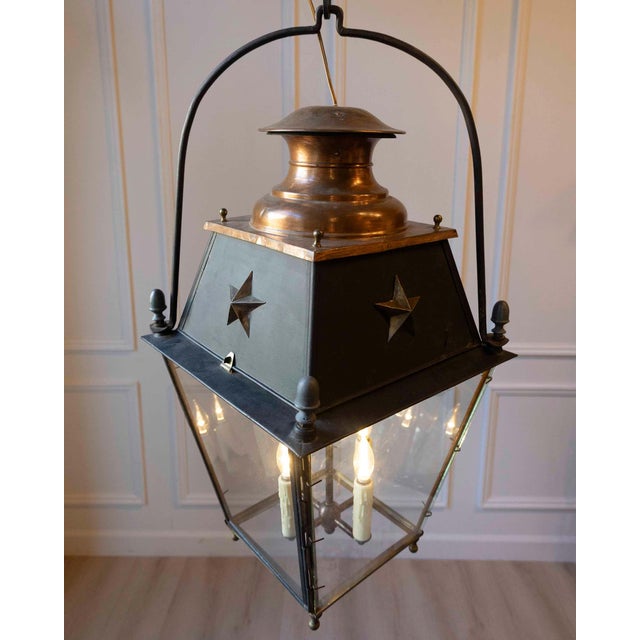 Black Mid 20th Century French Copper and Iron Lantern with Star Motifs For Sale - Image 8 of 9