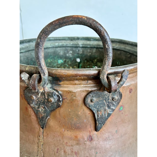 Antique Hand-Hammered Copper Cauldron With Iron Handles For Sale - Image 4 of 16