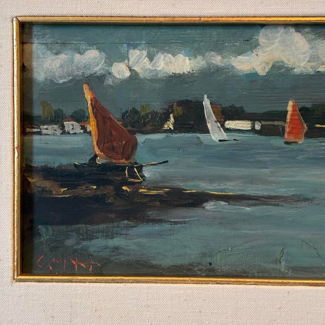 1970s Vintage Seascape Art Oil Painting of Nautical Sailboats Venice Italy in a Gold Frame For Sale - Image 5 of 12