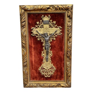 Antique Crucifix on a Purple Velvet Background, Mid-1800s For Sale