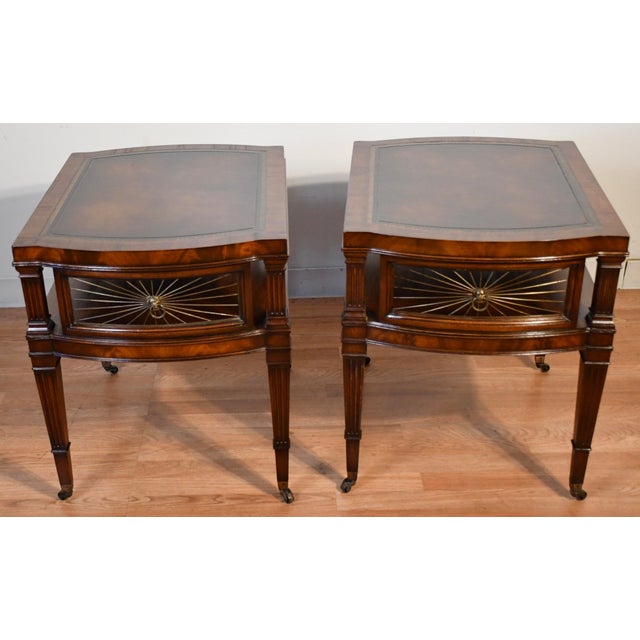 1930s Weiman Regency Mahogany & Leather Top Pair of Side Tables / End Tables For Sale - Image 12 of 14
