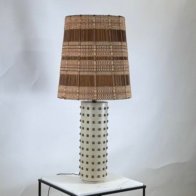 1960s Studded Cream Leather Table Lamp With Original Maria Kipp Shade For Sale - Image 4 of 10