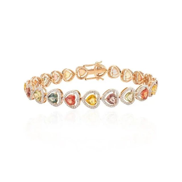 18k Rose Gold Heart Cut Multi Sapphire Halo Diamond Bracelet For Sale In New York - Image 6 of 8