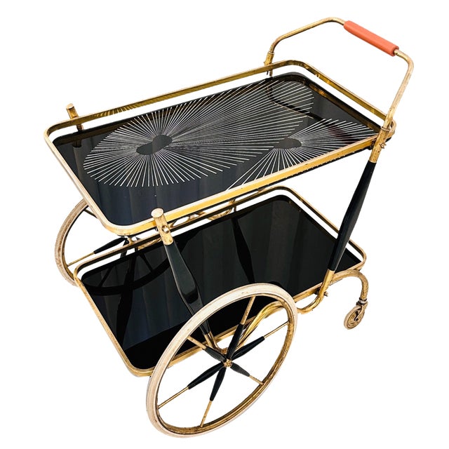 Art Deco Brass and Black Glass Serving Bar Trolley, 1950s For Sale