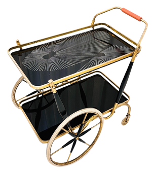 Art Deco Brass and Black Glass Serving Bar Trolley, 1950s
