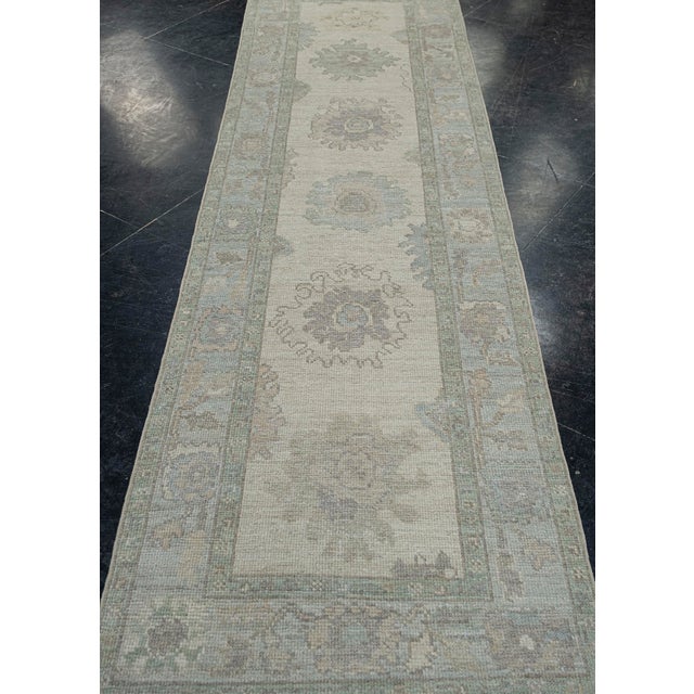 Turkish Oushak Runner Rug Green, Taupe & Blue Handwoven Wool Rug 2'11" X 10'4" This 2'11" x 10'4" Turkish Oushak runner...