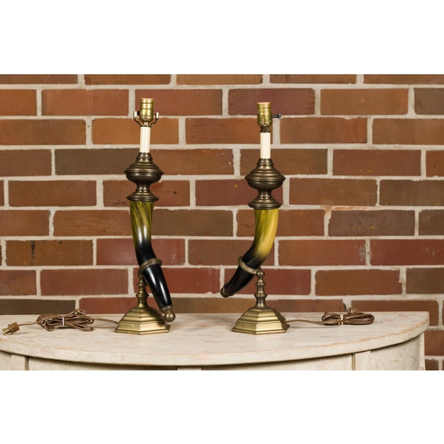 1970s Chapman Faux Horn and Brass Table Lamps - a Pair For Sale In Atlanta - Image 6 of 12