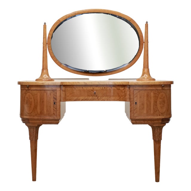 Vintage Swedish Neoclassic Style Dressing Table in Birch with Walnut Interior, 1960s For Sale