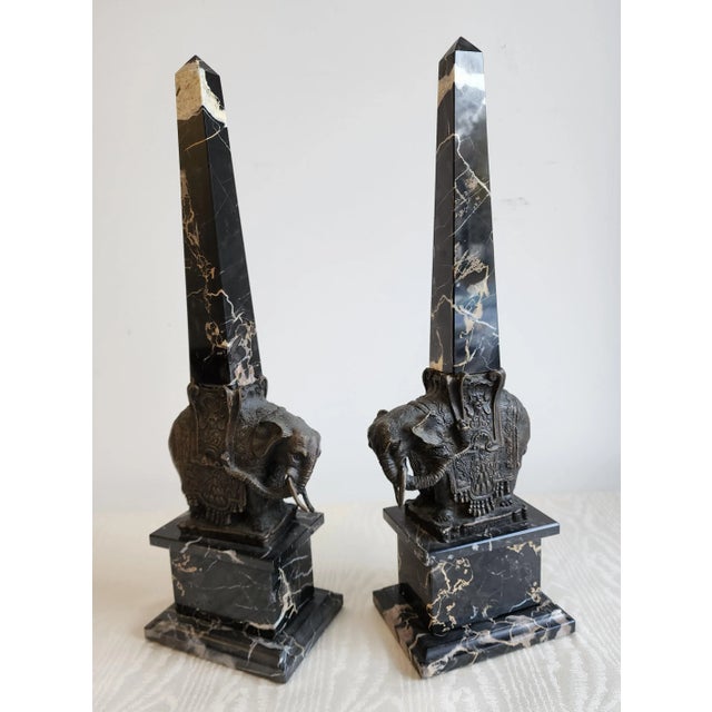 Early 20th Century Pair of Antique Grand Tour Portero Marble Obelisks With Bernini Style Bronze Elephants For Sale - Image 5 of 15